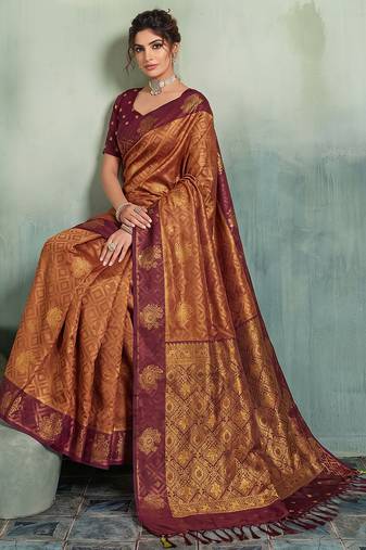 rust orange brasso saree maroon blouse festive wedding wear women saree