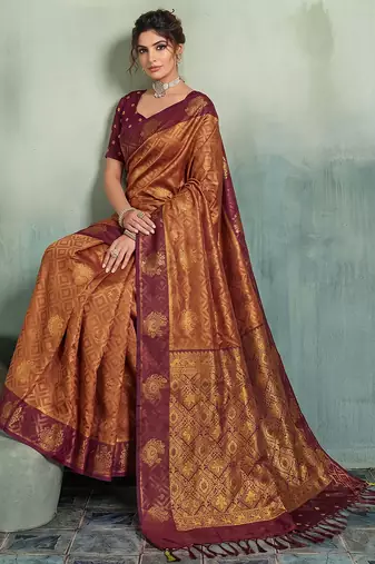 rust orange brasso saree maroon blouse festive wedding wear women saree