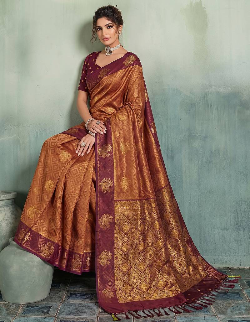 rust orange brasso saree maroon blouse festive wedding wear women saree