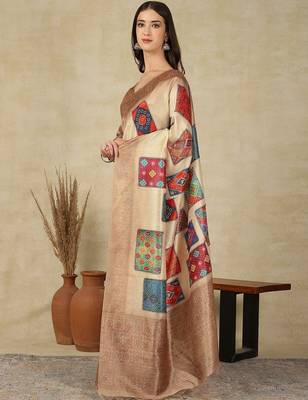 Beige ethnic motifs woven design silk cotton kasavu saree 3