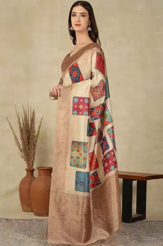 Beige ethnic motifs woven design silk cotton kasavu saree