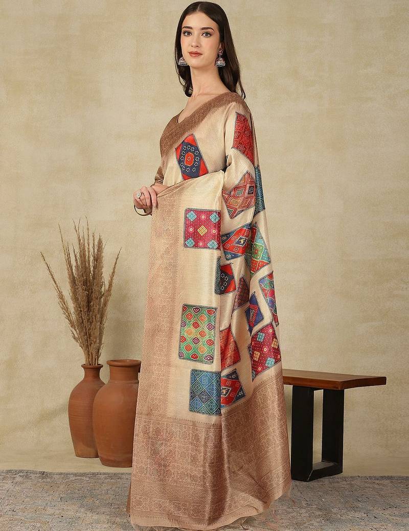 Beige ethnic motifs woven design silk cotton kasavu saree