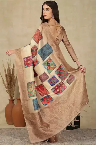 Beige ethnic motifs woven design silk cotton kasavu saree