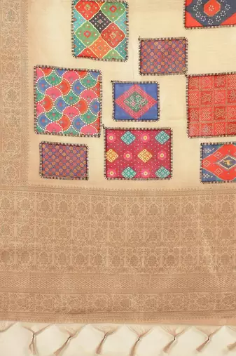 Beige ethnic motifs woven design silk cotton kasavu saree