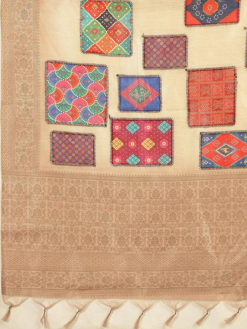 Beige ethnic motifs woven design silk cotton kasavu saree