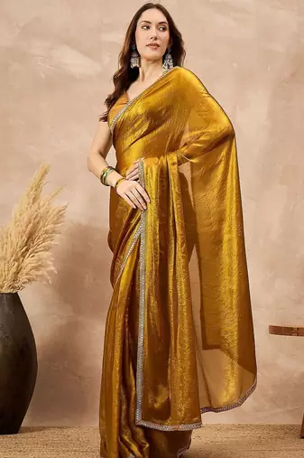 Mustard satin designer saree