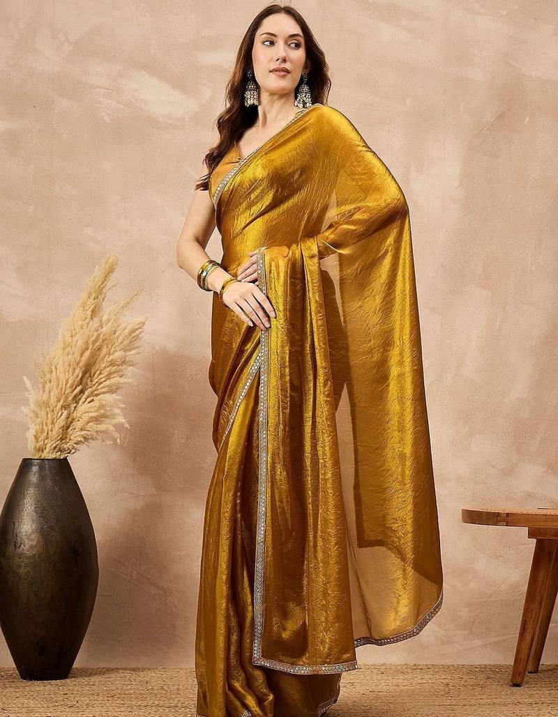 Mustard satin designer saree