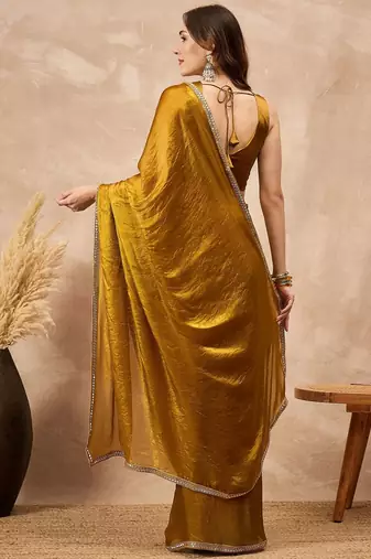 Mustard satin designer saree