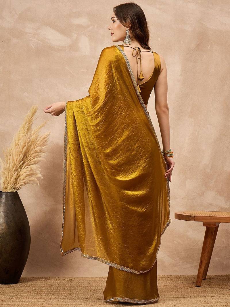 Mustard satin designer saree