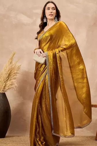Mustard satin designer saree