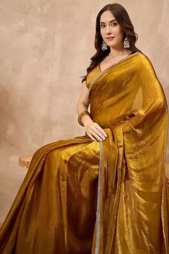 Mustard satin designer saree