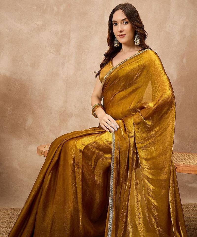 Mustard satin designer saree