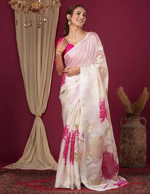 Off white floral printed art silk saree 1