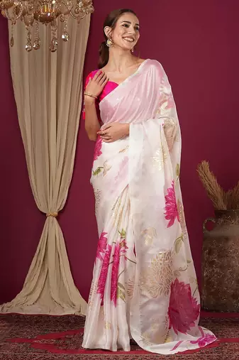 Off white floral printed art silk saree