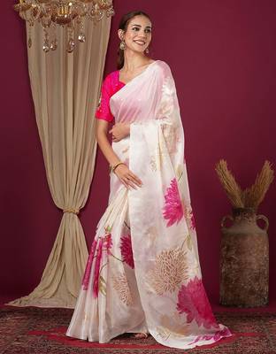 Off white floral printed art silk saree 2