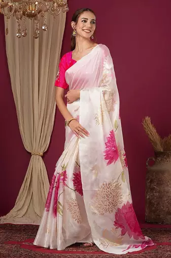 Off white floral printed art silk saree