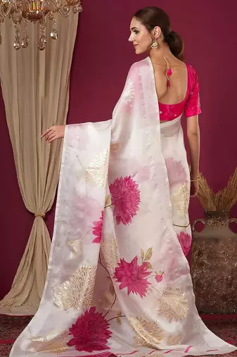 Off white floral printed art silk saree