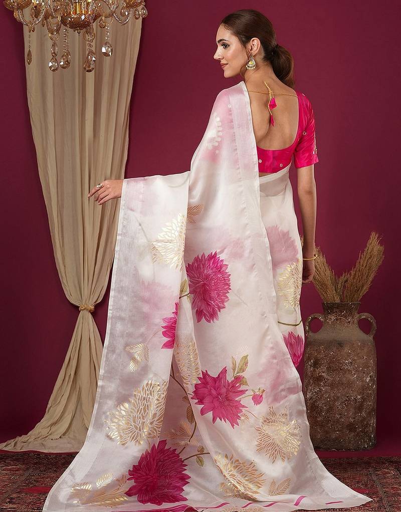 Off white floral printed art silk saree