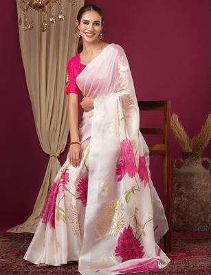 Off white floral printed art silk saree 4