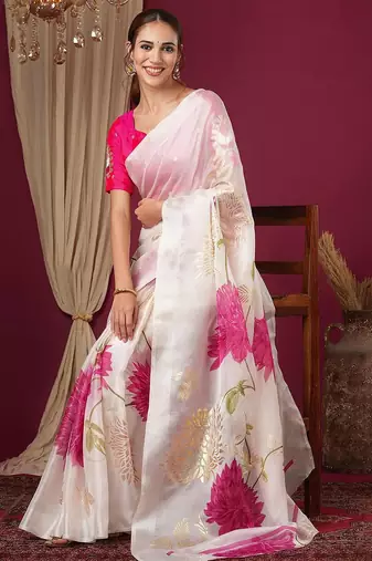 Off white floral printed art silk saree