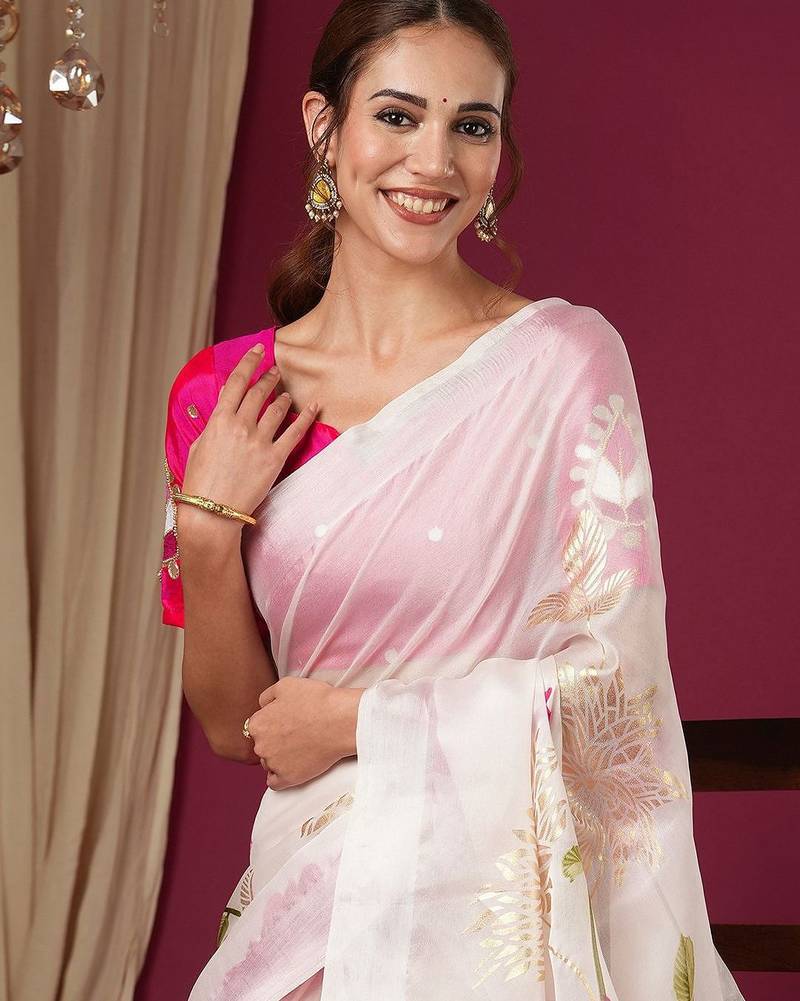 Off white floral printed art silk saree