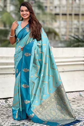 Blue woven design zari silk blend banarasi saree
