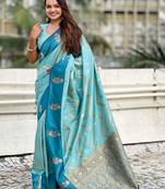 Blue woven design zari silk blend banarasi saree