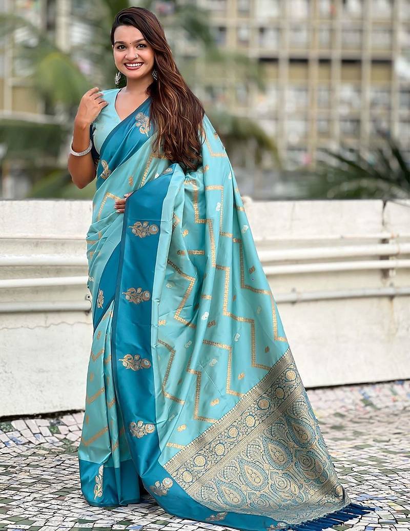 Blue woven design zari silk blend banarasi saree