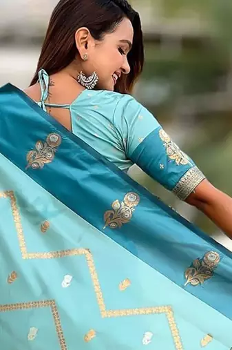 Blue woven design zari silk blend banarasi saree