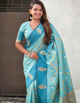Blue woven design zari silk blend banarasi saree 4