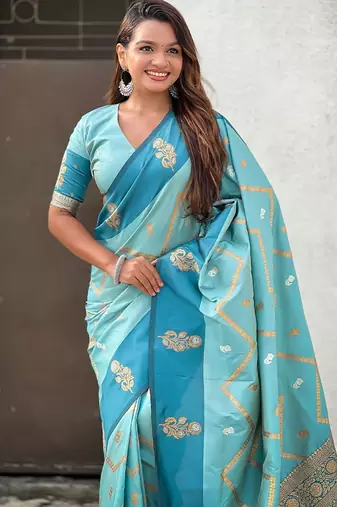Blue woven design zari silk blend banarasi saree