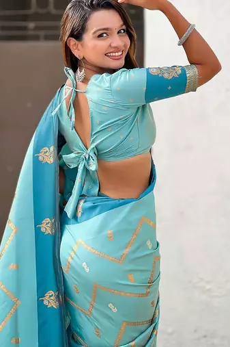 Blue woven design zari silk blend banarasi saree