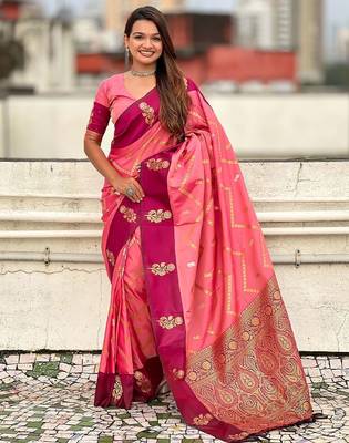 Pink woven design zari silk blend banarasi saree 1