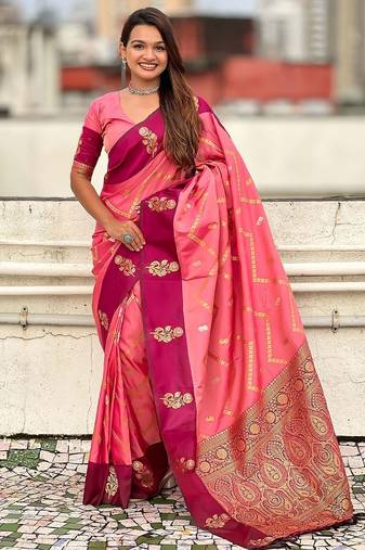 Pink woven design zari silk blend banarasi saree
