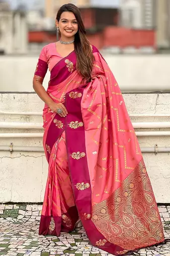 Pink woven design zari silk blend banarasi saree