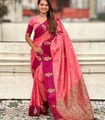 Pink woven design zari silk blend banarasi saree