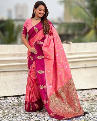 Pink woven design zari silk blend banarasi saree 2