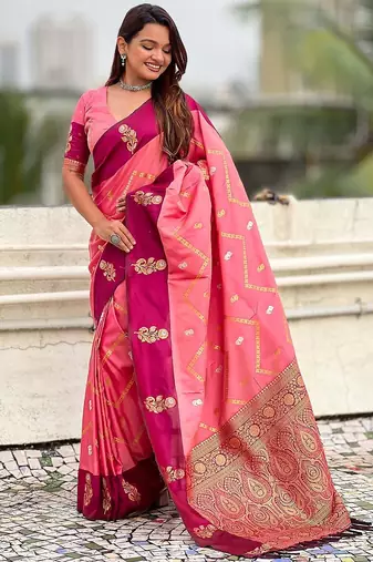 Pink woven design zari silk blend banarasi saree