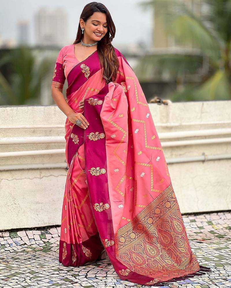 Pink woven design zari silk blend banarasi saree