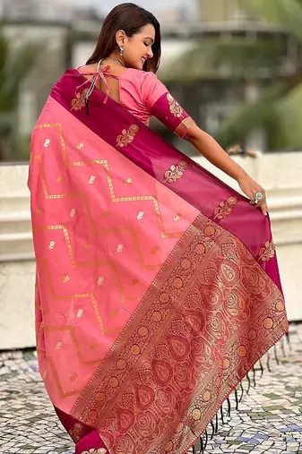 Pink woven design zari silk blend banarasi saree