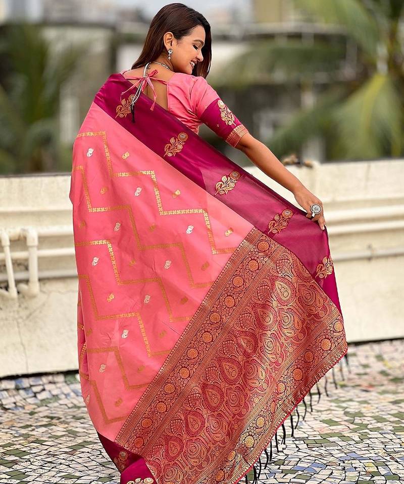 Pink woven design zari silk blend banarasi saree