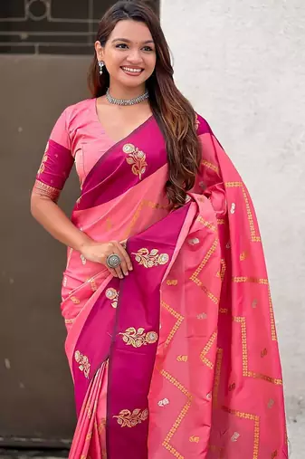 Pink woven design zari silk blend banarasi saree