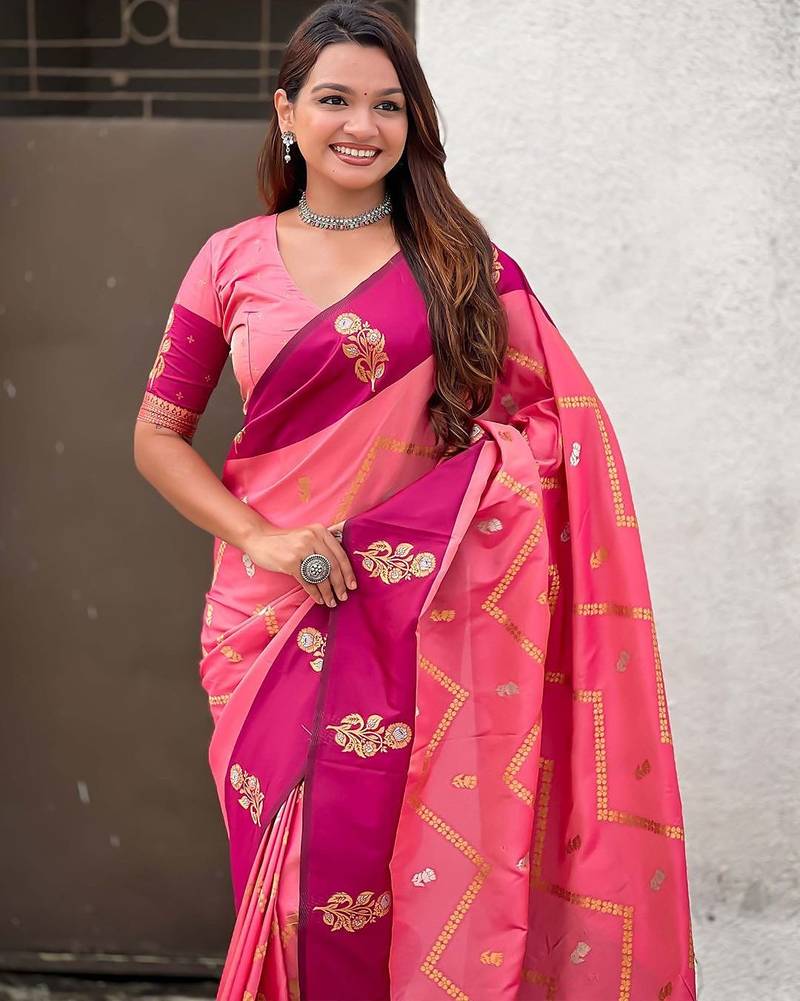 Pink woven design zari silk blend banarasi saree