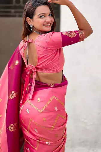 Pink woven design zari silk blend banarasi saree
