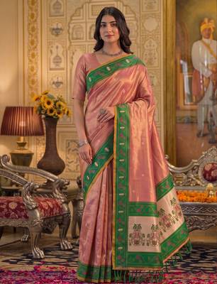 rose pink tissue saree for women festive wedding party ethnic wear 1
