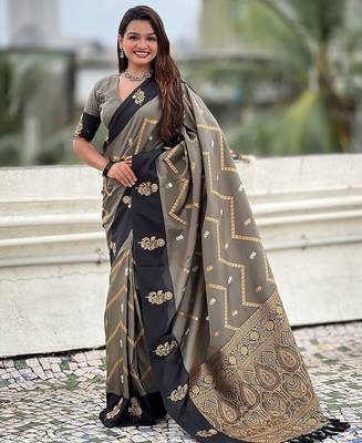 Grey woven design zari silk blend banarasi saree 1