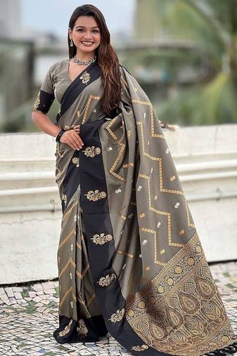 Grey woven design zari silk blend banarasi saree