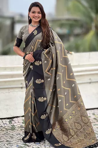 Grey woven design zari silk blend banarasi saree