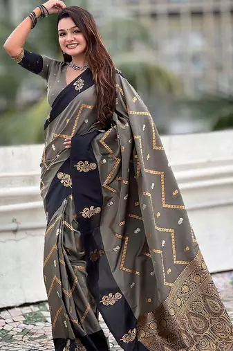 Grey woven design zari silk blend banarasi saree