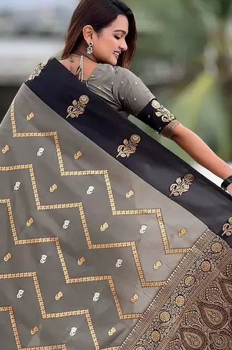 Grey woven design zari silk blend banarasi saree